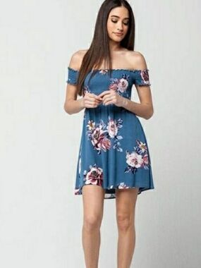 Gypsies & Moondust Off-Shoulder Blue Floral Dress XS